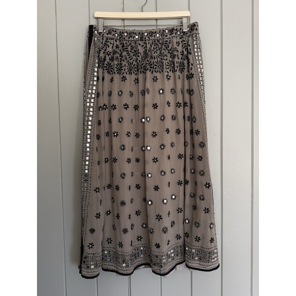 Embellished Taupe Maxi Skirt with Mirror Detail
